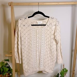 Cream Beige Sweater, Open Weave Lace Pattern, 3/4 Sleeves, Size XS